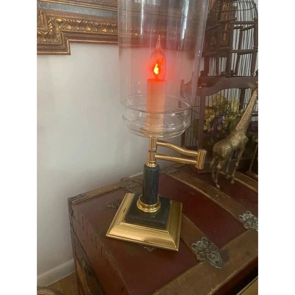 Vintage Brass & Black Marble Hurricane Lamp, Swing Arm